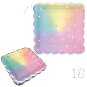 Oojami Serves 18 Scalloped Pastel Iridescent Complete Party Supplies Includes Plates Cups Napkins Table Cover Balloons Ideal for Kids Birthdays, Bridal Showers, Unicorn Theme