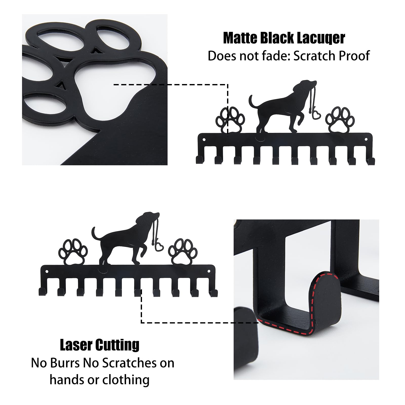 SUPERDANT Dog Leash Holder Hanger Hooks for Wall Dog Metal Key Holder 10 Hooks Black Iron Wall Mounted Hooks Animal Paws Decorative Hook Organizer Rack for Bag Key Hanging Dog Lovers Gifts