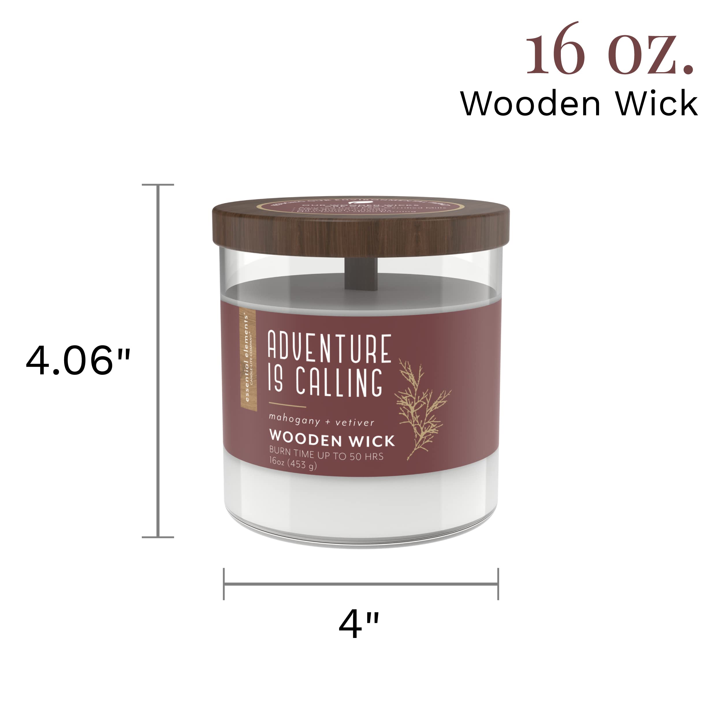 Essential Elements by Candle-lite Wood Wick Scented Candle, Adventure is Calling, One 16 oz. Single-Wick Aromatherapy Candle with 50 Hours of Burn Time, White