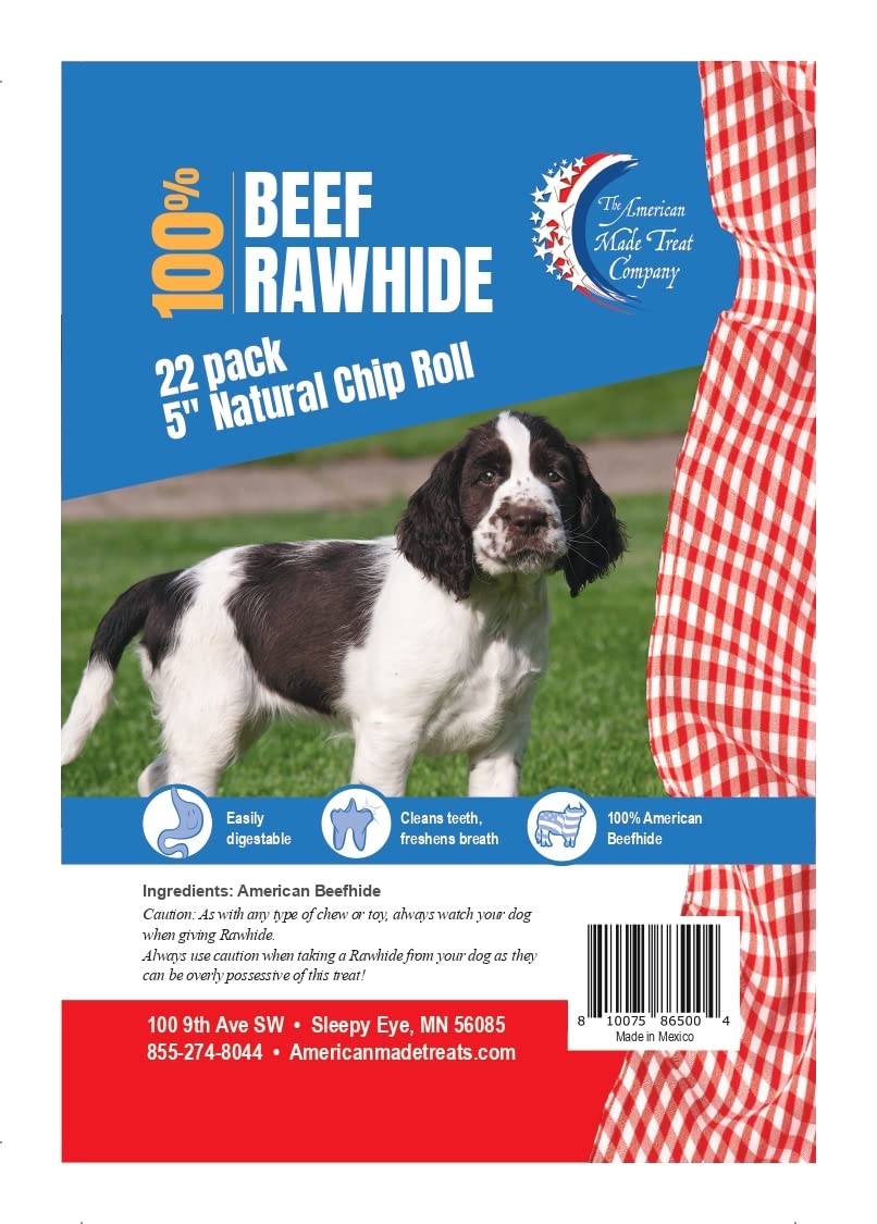 American Made Treat Co - Dog Treats, All Natural Flavor Beef Rawhide Chip Rolls, Puppies to Seniors, Dental Dog Bone Alternative - 5” Rolls -22 Pack