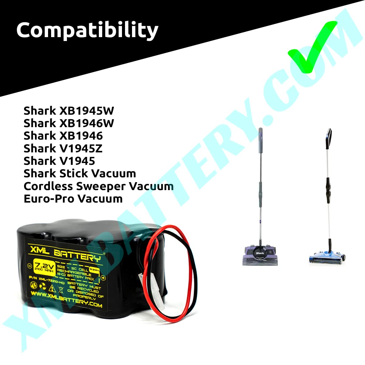 V1945 V1945Z XB1946 XB1946W XB1945W Stick Vacuum Cordless Sweeper 7.2v 2100mAh Ni-CD Battery