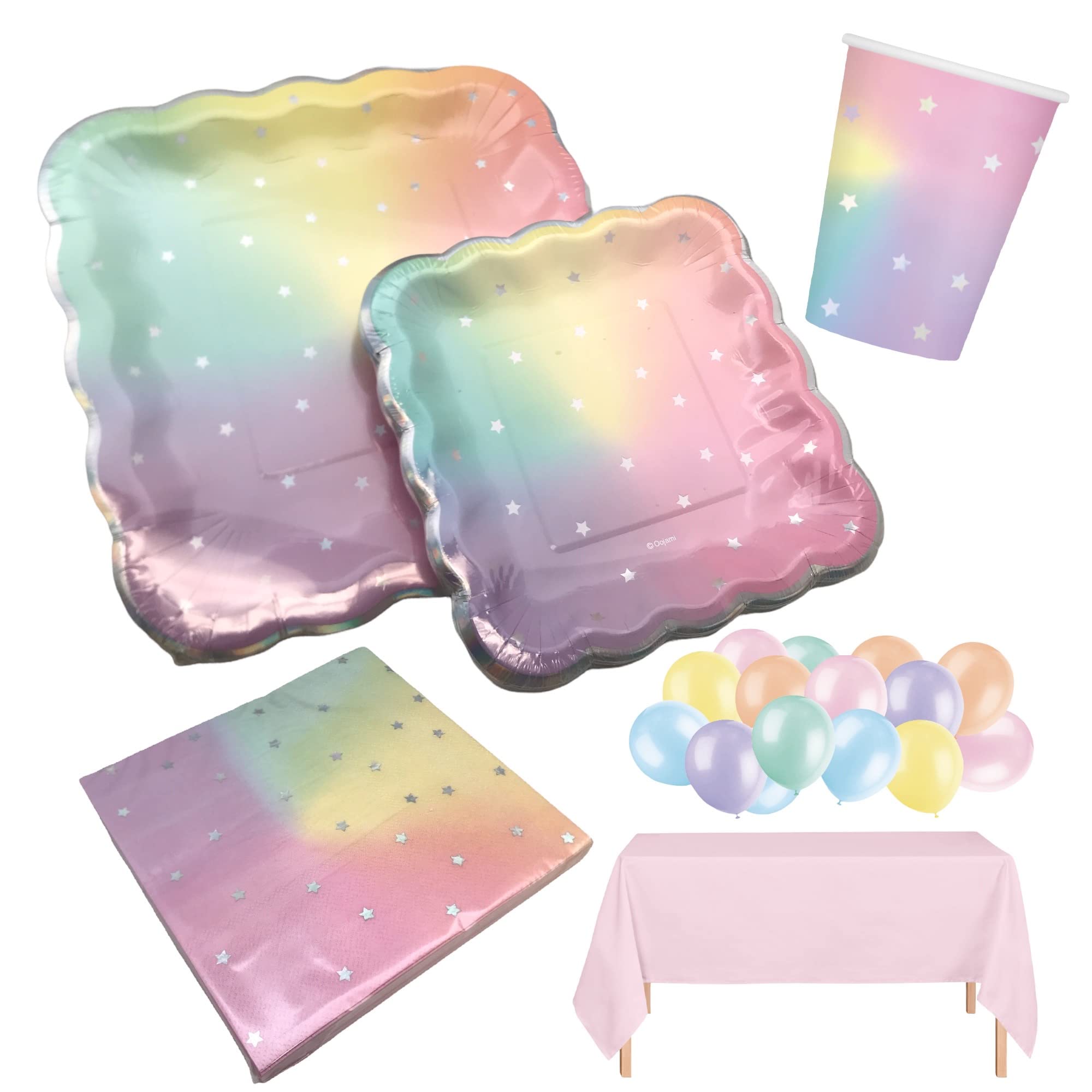 Oojami Serves 18 Scalloped Pastel Iridescent Complete Party Supplies Includes Plates Cups Napkins Table Cover Balloons Ideal for Kids Birthdays, Bridal Showers, Unicorn Theme