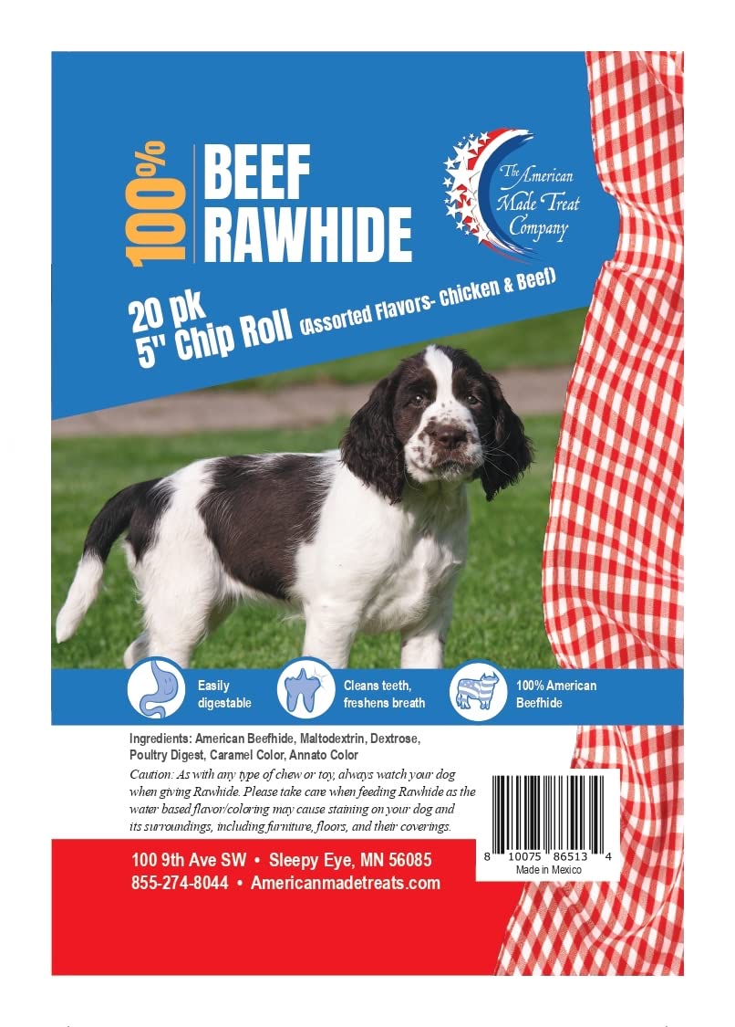 American Made Treat Co - Dog Treats, Chicken and Beef Flavor Variety Beef Rawhide Chip Rolls, Puppies to Seniors, Dental Dog Bone Alternative - 3-3.5” Rolls - 20 Pack