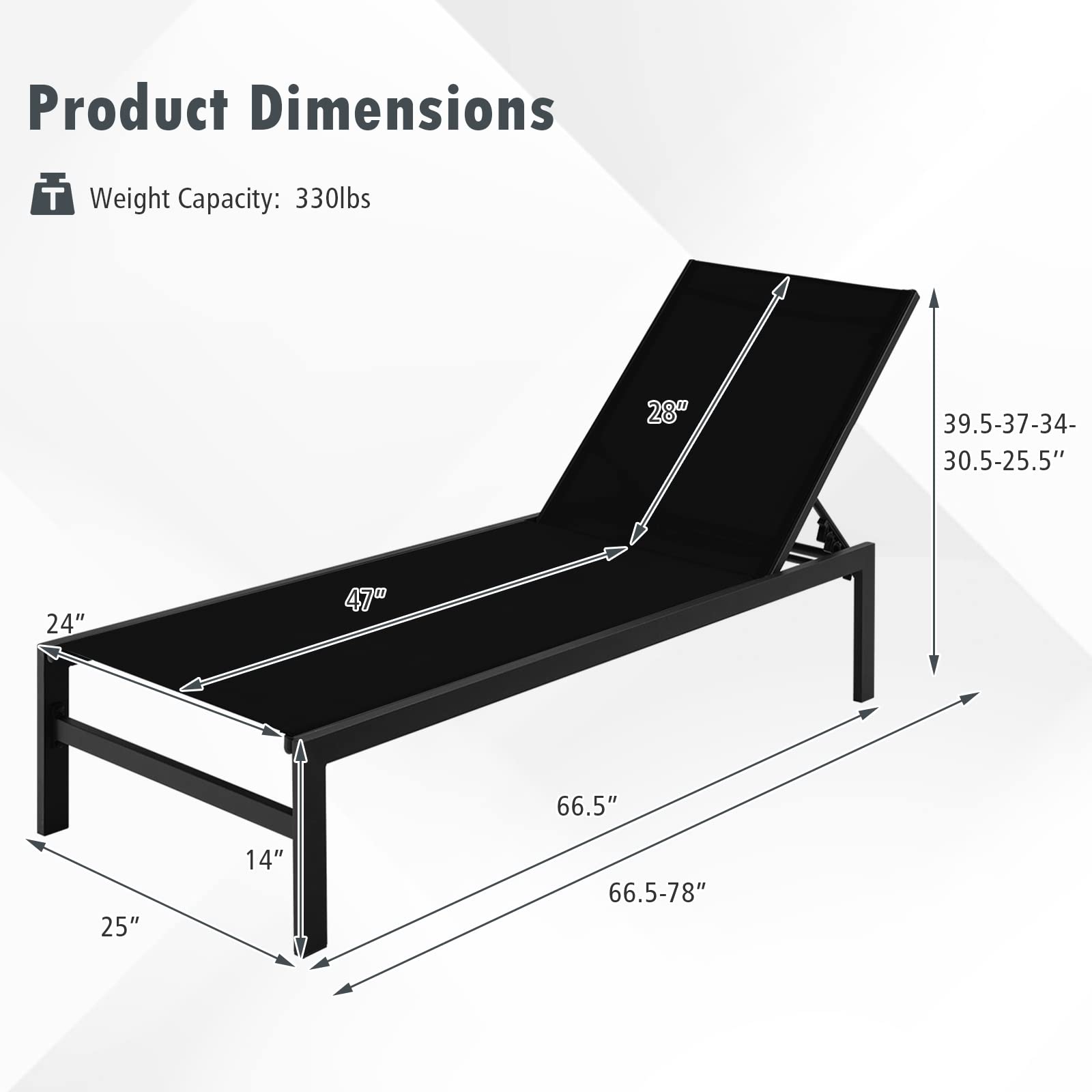 Giantex Set of 2 Patio Chaise Lounge Chair, Outdoor Sunbathing Chair Lawn Reclining Lounger with 6 Adjustable Position, Aluminium Frame, Tanning Chairs for Deck,Yard, Pool Lounge Chairs (2, Black)