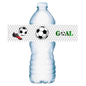 25 sports soccer water bottle labels, waterproof water bottle wrappers, great stickers for birthday party, baby shower, wedding, graduation, or any family event decorations, made in usa