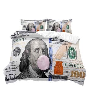 VIVIHOME 3PCS Luxury Funny Money Duvet Cover Full, Cute Benjamin Franklin Wink Pink Bubble Gum One Hundred Dollar Bill Cash 100 Dollar Bill Comforter Bedspread Quilt Cover, Gag Gifts, 2 Pillow Shams