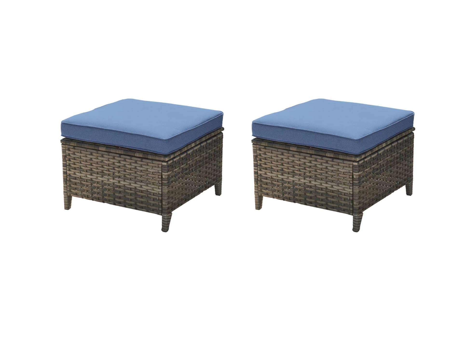 Rilyson Outdoor Ottomans Patio Wicker Ottoman - 2 Piece Rattan Ottomans with Grey Wicker and Blue Cushion(Mixed Grey/Blue)