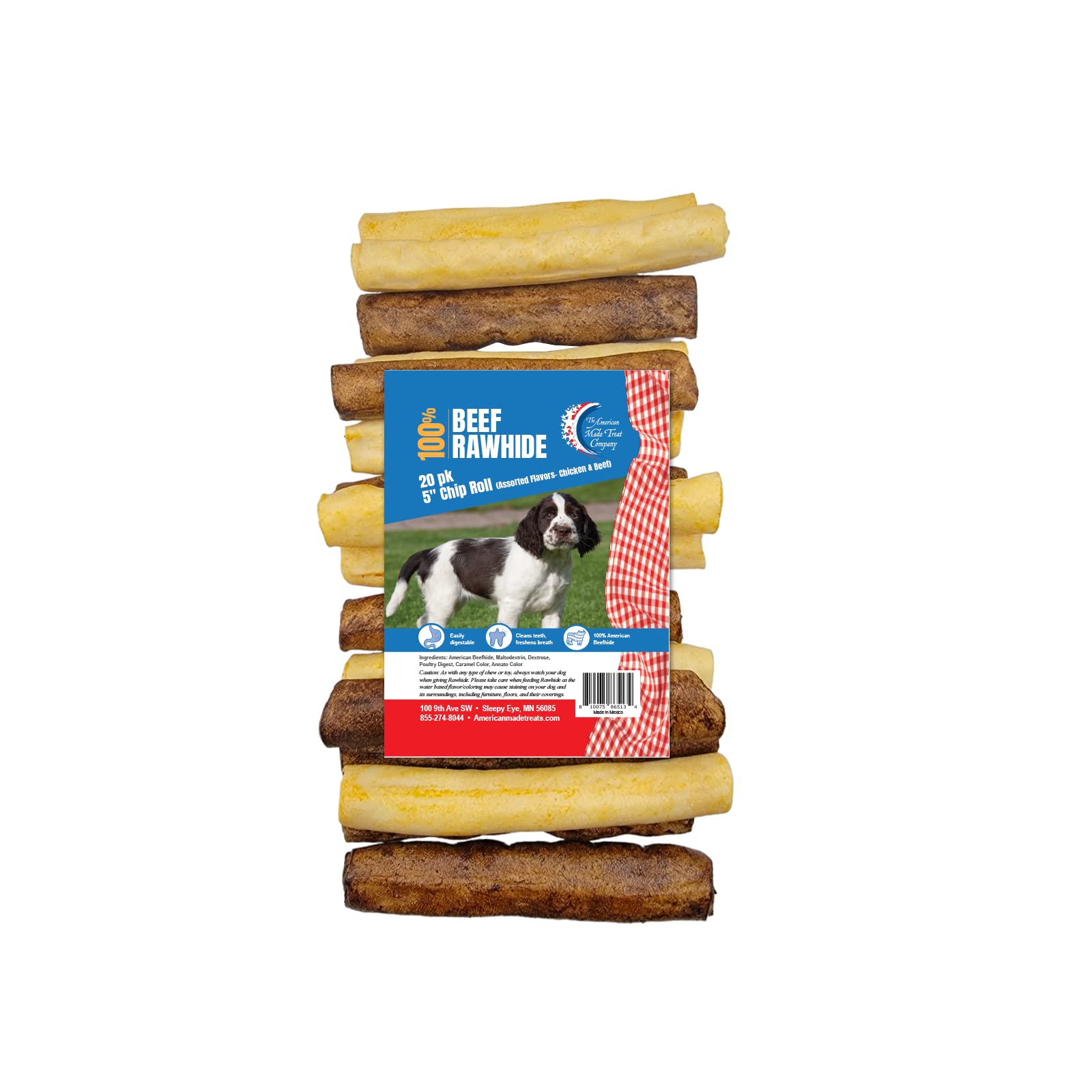 American Made Treat Co - Dog Treats, Chicken and Beef Flavor Variety Beef Rawhide Chip Rolls, Puppies to Seniors, Dental Dog Bone Alternative - 3-3.5” Rolls - 20 Pack