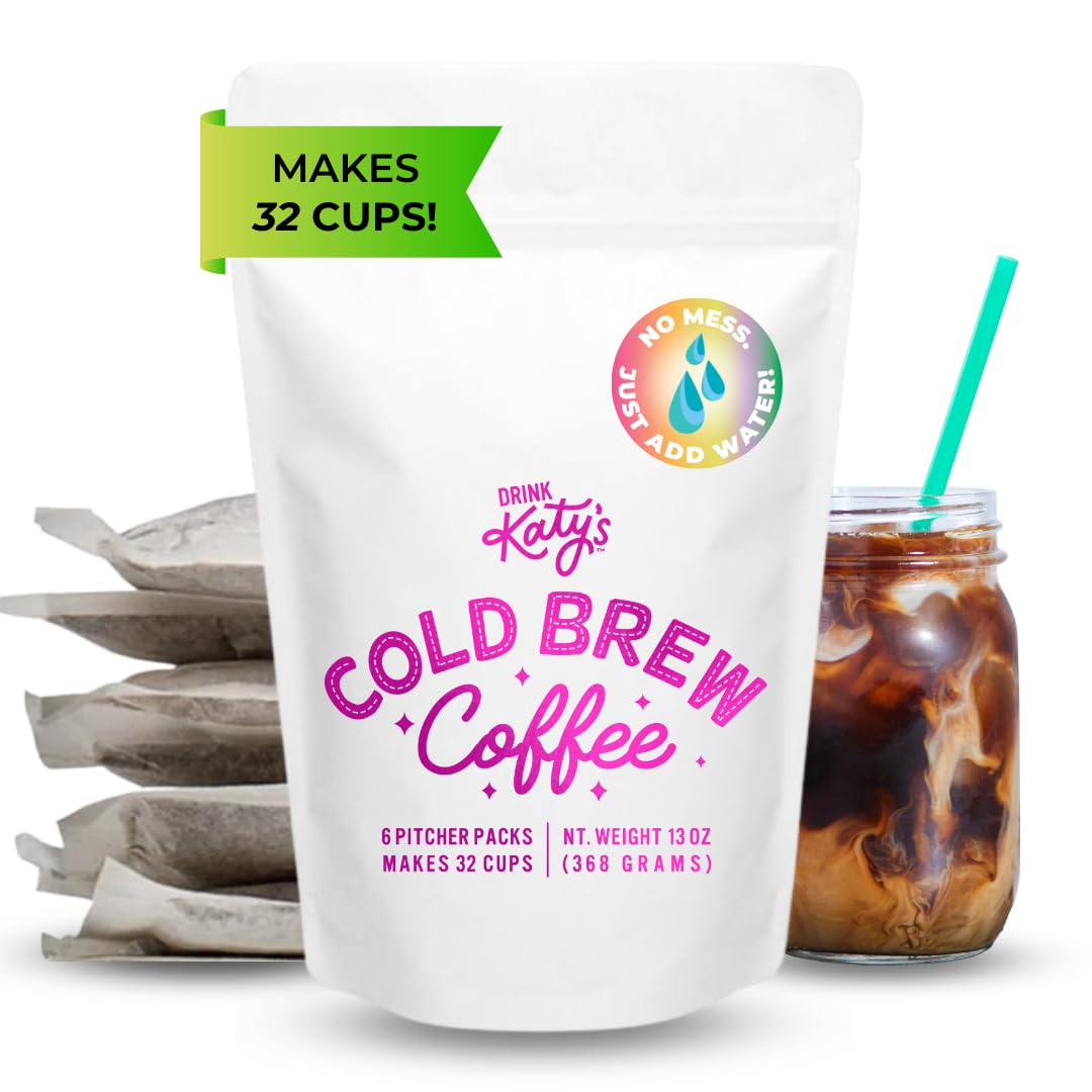 Drink Katy’s Cold Brew Coffee Packs, 6 Large Ready-to-Brew Pitcher Packets, No More Messy Cold Brew, Smooth & Delicious Dark Roast Brazilian Craft Coffee, Proudly Woman-Owned (Makes 32 Servings)