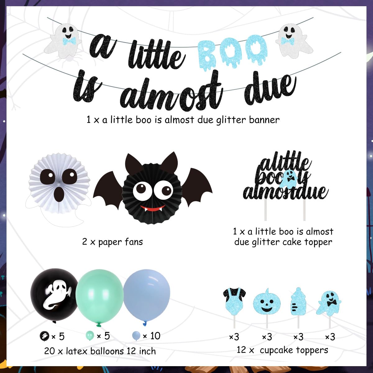 A Little Boo Is Almost Due Halloween Baby Shower Decorations for Boys - Blue Black Glitter A Little Boo Is Almost Due Banner Cake Cupcake Topper Balloons Black Bat Ghost Foil Balloons for Little Boo