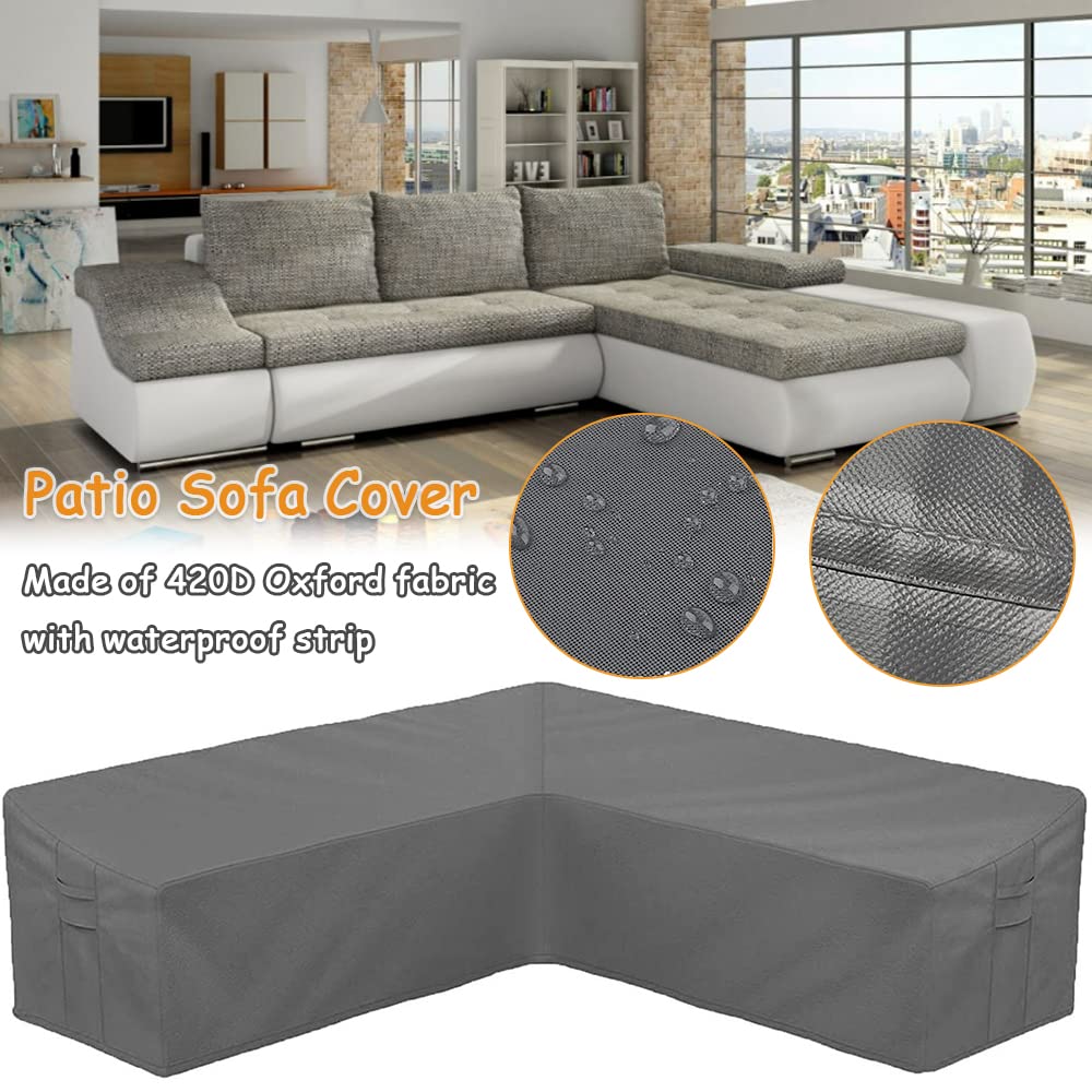 SUNSURE Patio L-Shaped Sectional Sofa Cover Waterproof Outdoor Furniture Cover 420D Heavy Duty V-Shaped Sectional Couch Cover Gray Lawn Garden Furniture Set Covers with Buckle Strap (106x106in)