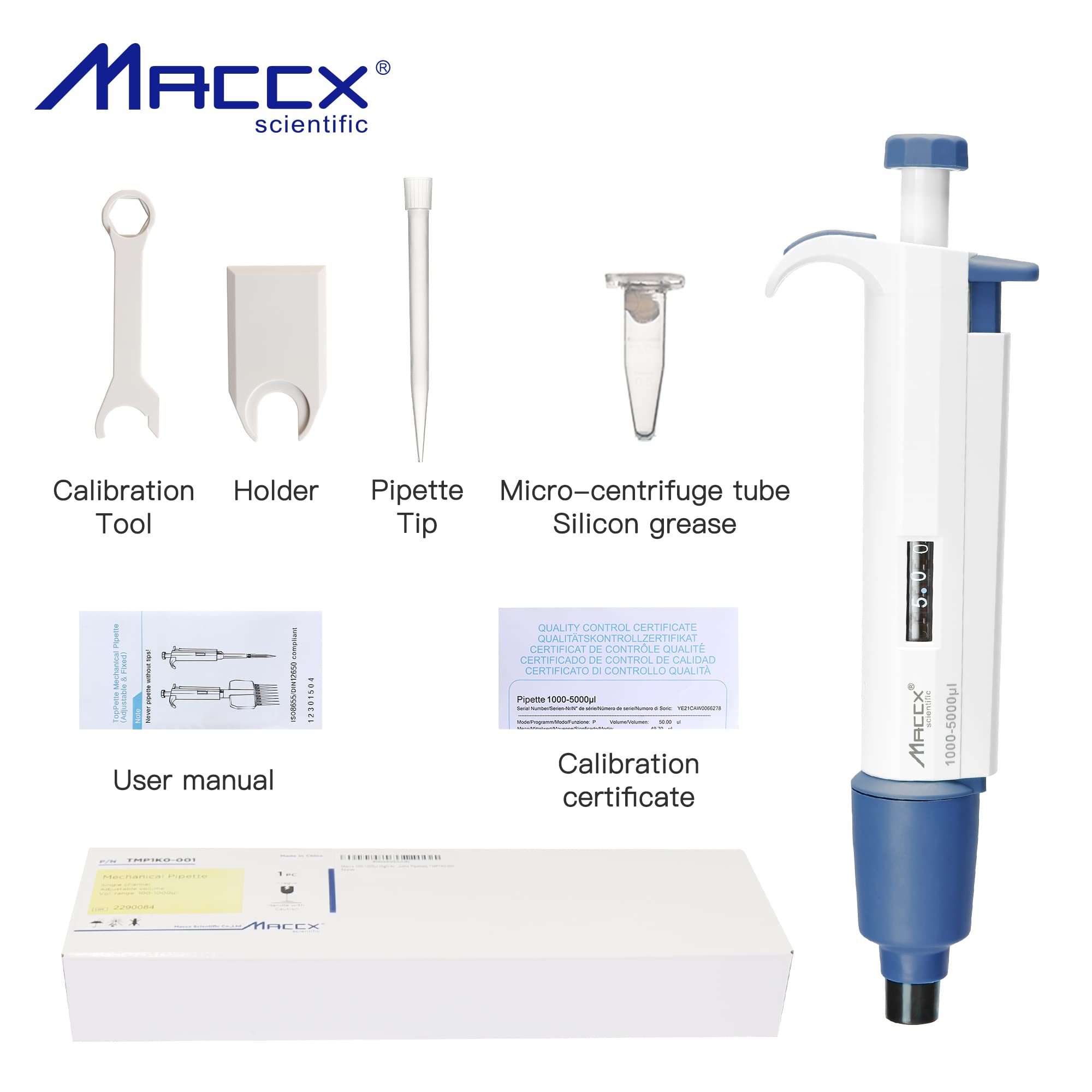 Maccx 1000-5000μl MicroPipette, Single-Channel Pipettor, High Accurate Calibrated Pipettes，Adjustable Volume,TMP5K-001