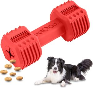 pawfectpals indestructible dumbbell dog chew toy for aggressive chewers, interactive puzzle toy, food dispenser feeder, natural rubber bite resistant for teeth dental cleaning-insert treats (red)