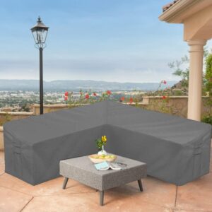 SUNSURE Patio L-Shaped Sectional Sofa Cover Waterproof Outdoor Furniture Cover 420D Heavy Duty V-Shaped Sectional Couch Cover Gray Lawn Garden Furniture Set Covers with Buckle Strap (106x106in)