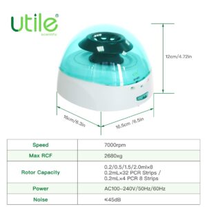 Utile Electric Benchtop Centrifuge Machine, with Maximum Speed of 7000RPM, Low Noise, Green Cover, 2 Rotors for 8 x 0.2/0.5/1.5/2.0ml and 0.2mL×32 PCR Strips or 0.2mL×4 PCR 8 Strips, 4620.1004.08.1