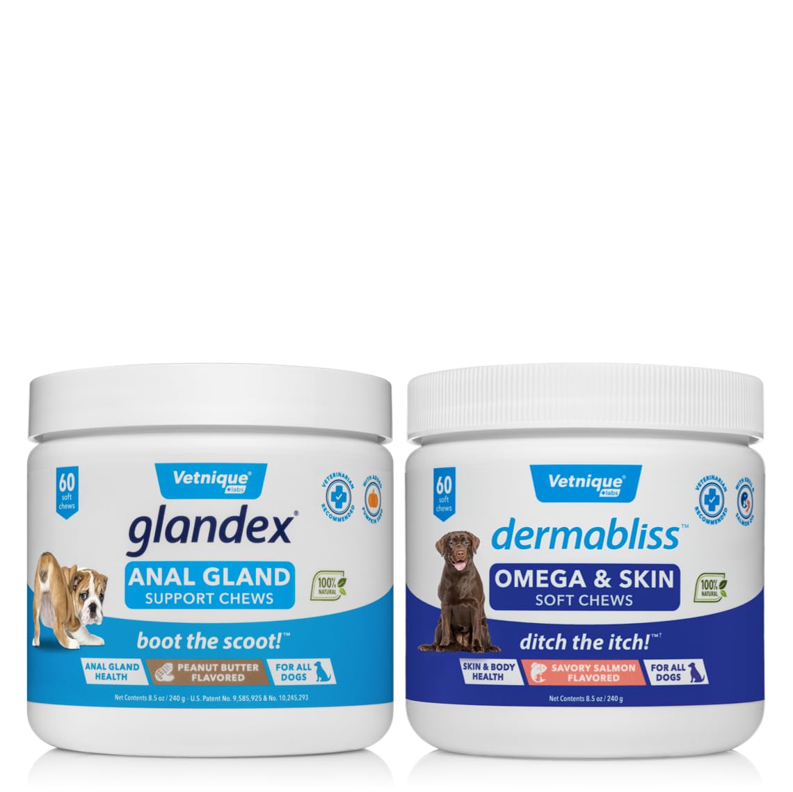 VETNIQUE Dermabliss Omega & Skin Supplement Chews for Dogs (60ct) & Glandex Anal Gland Support Peanut Butter Soft Chews for Dogs (60ct) Bundle