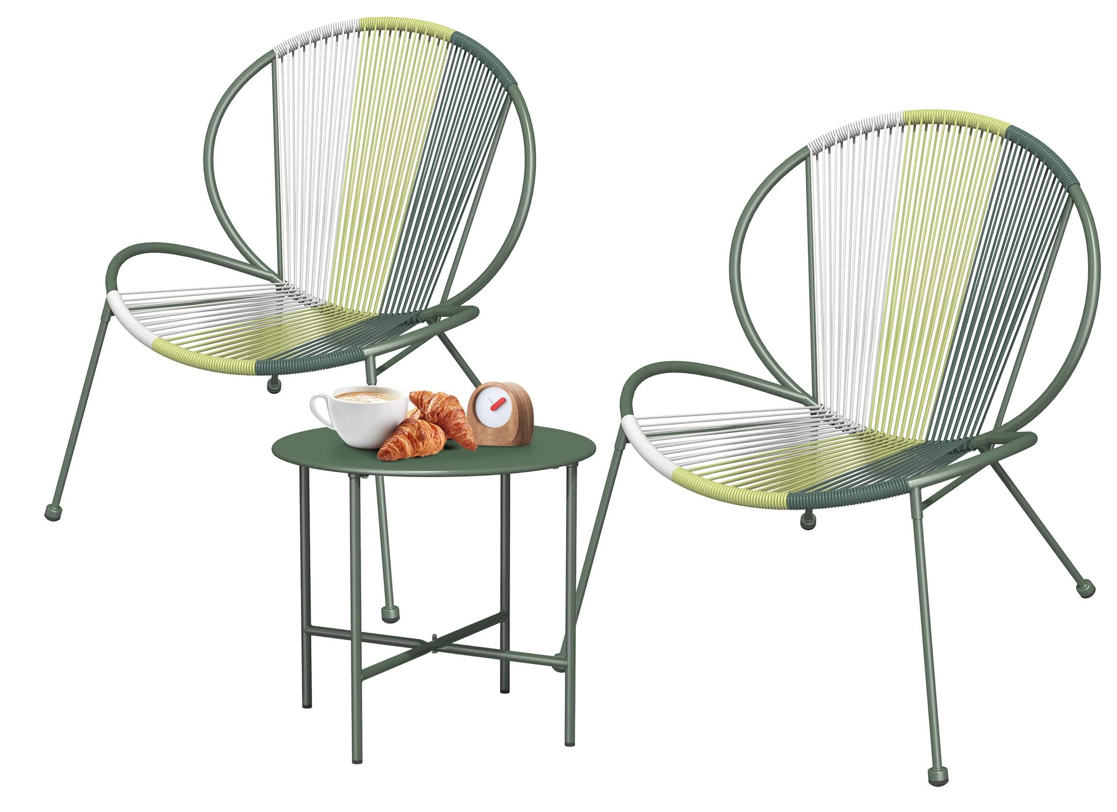 Grand patio 3-Piece Outdoor Acapulco Chair Set, Patio Furniture Set with Wicker Rope, Bistro Table and 2 Low Seat Chairs, Cool Olive Green