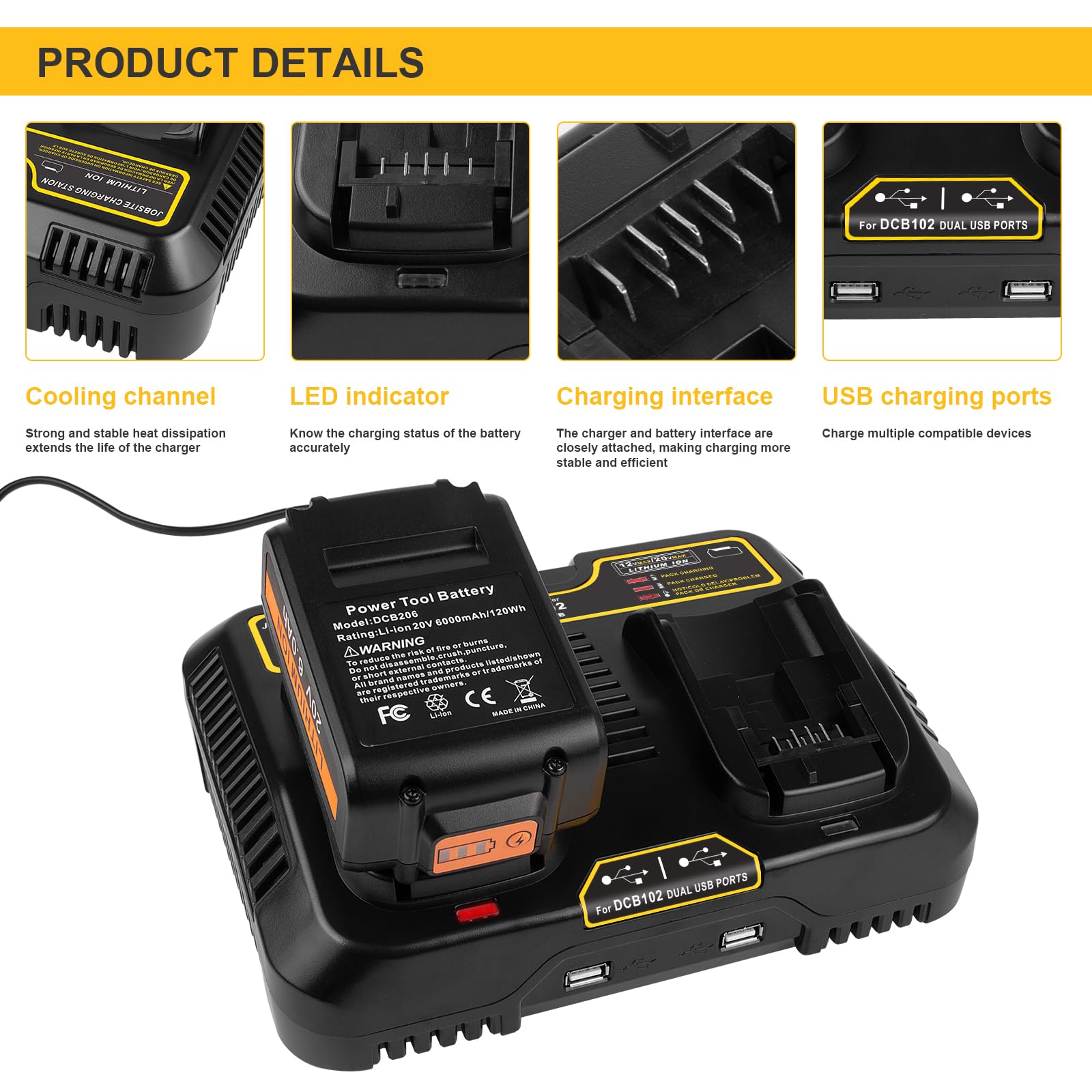 12V-20V Max Battery Charger for Dewalt, DCB102 Fast Dual Charger Station Lithium ion Battery Charger DCB203 DCB204 DCB205 DCB206 DCB201 DCB120 DCB127 (2 USB Ports)