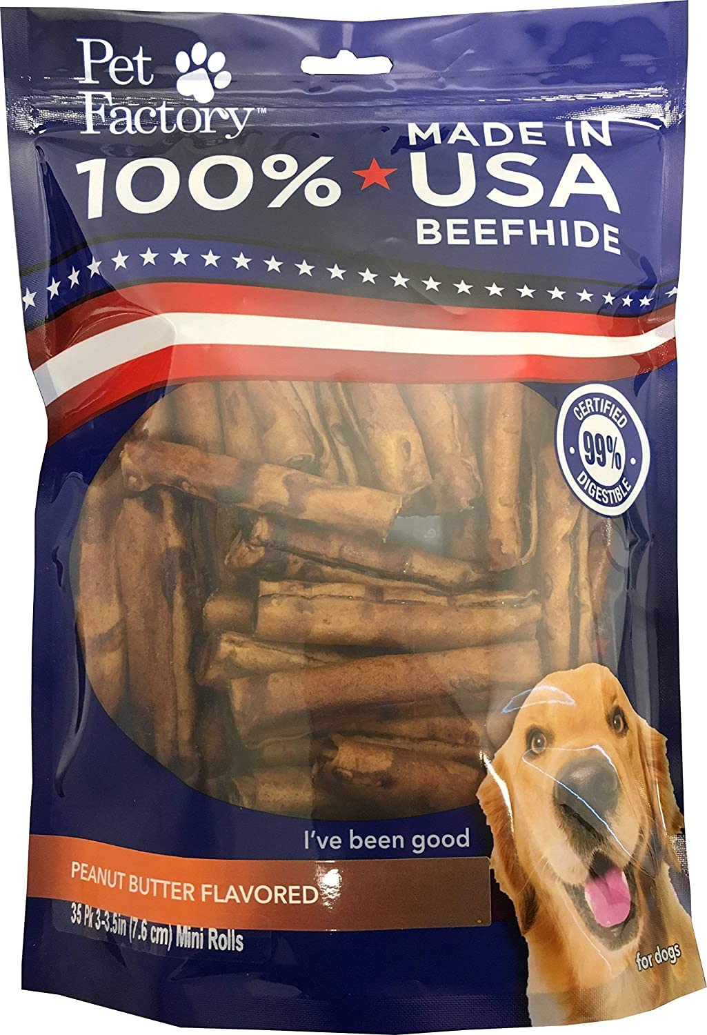 Pet Factory 100% Made in USA Beefhide 3-3.5" Mini Rolls Dog Chew Treats - Peanut Butter Flavor, 35 Count/1 Pack