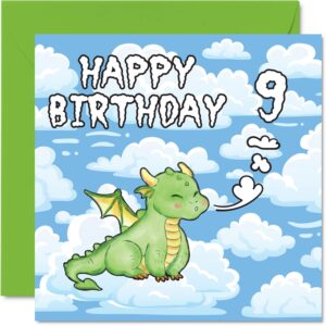 9th birthday card unisex - cute dragon - happy birthday card 9 year old, 5.7 x 5.7 inch greeting card for son daughter brother sister grandson granddaughter niece nephew cousin