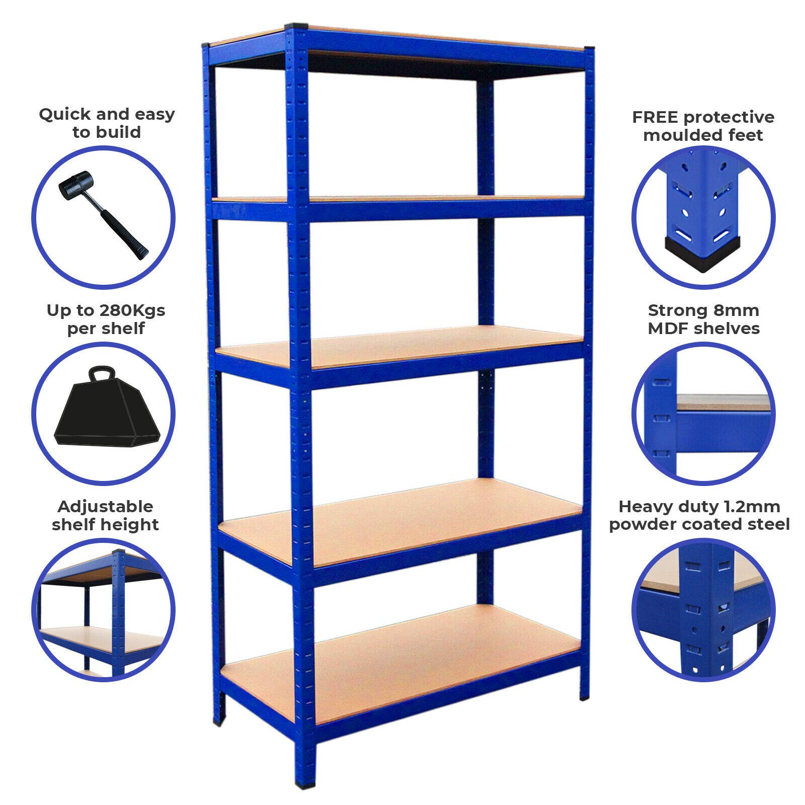 Storage Shelf 150cm x 70cm x 30cm Garage Shelving Units, Heavy Duty Boltless Freestand Racking Shelves for Workshop, Shed, Office Home Garage Storage, Blue 5 Tier (175KG Per Shelf), 875KG Capacity