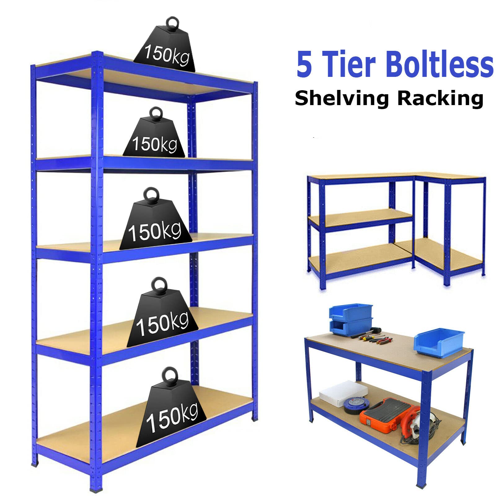 Storage Shelf 150cm x 70cm x 30cm Garage Shelving Units, Heavy Duty Boltless Freestand Racking Shelves for Workshop, Shed, Office Home Garage Storage, Blue 5 Tier (175KG Per Shelf), 875KG Capacity