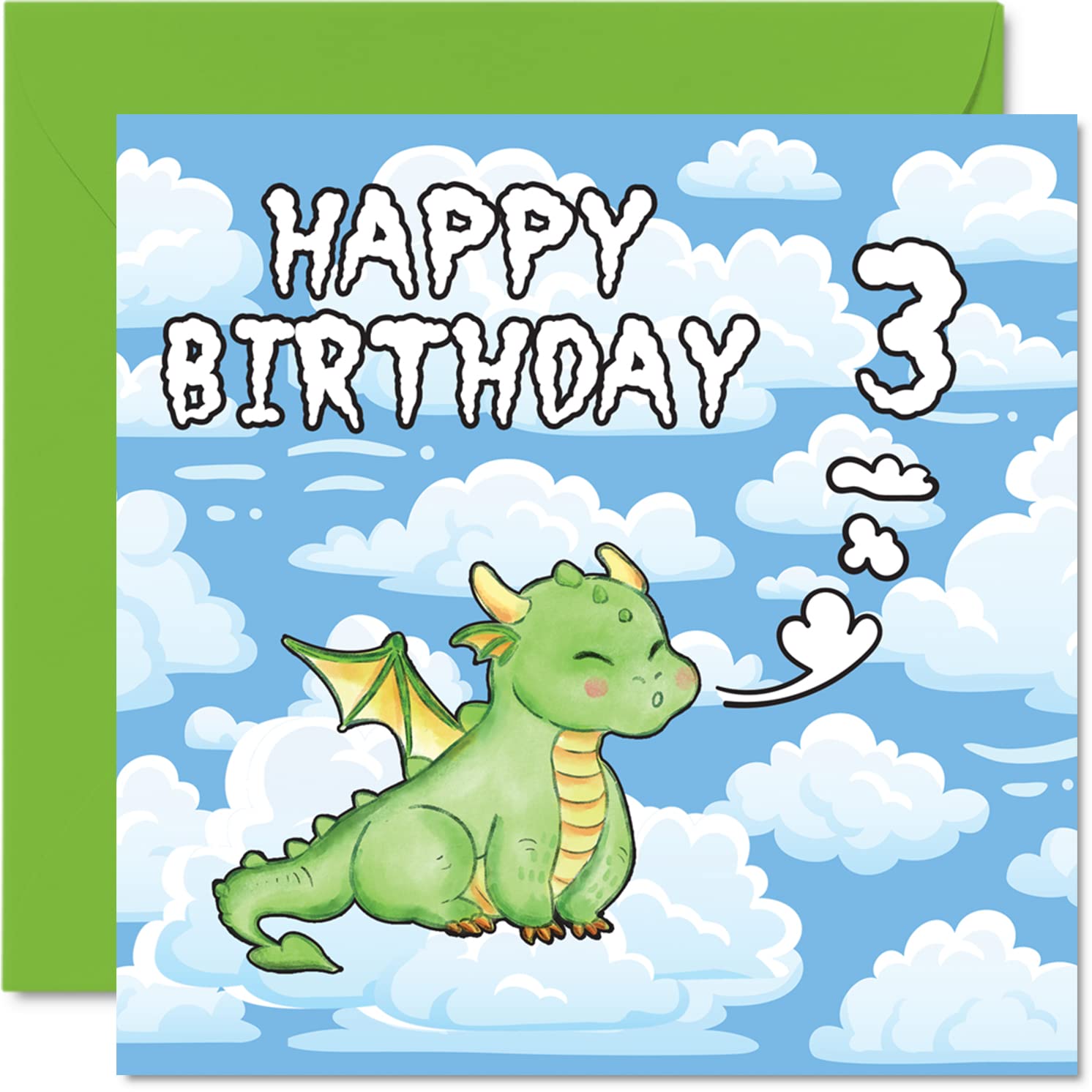 3rd Birthday Card Unisex - Cute Dragon - Happy Birthday Card 3 Year Old, 5.7 x 5.7 Inch Greeting Card for Son Daughter Brother Sister Grandson Granddaughter Niece Nephew Cousin