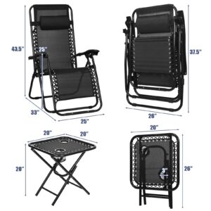 Tangkula 3 Pieces Outdoor Zero Gravity Chair Set, Folding Reclining Lounge Chair with Adjustable Backrest, Head Pillow, Matching Table with Cup Holder, Camping Recliner for Poolside, Yard (Black)