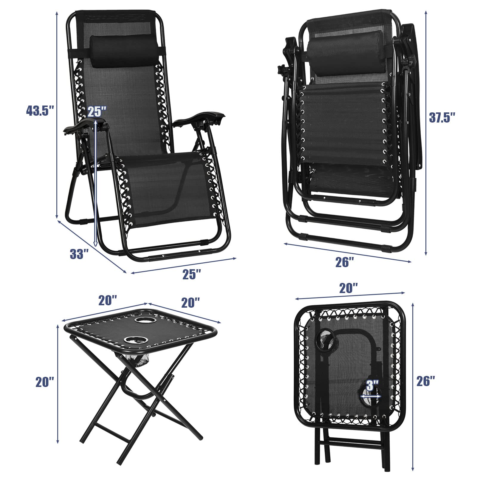 Tangkula 3 Pieces Outdoor Zero Gravity Chair Set, Folding Reclining Lounge Chair with Adjustable Backrest, Head Pillow, Matching Table with Cup Holder, Camping Recliner for Poolside, Yard (Black)