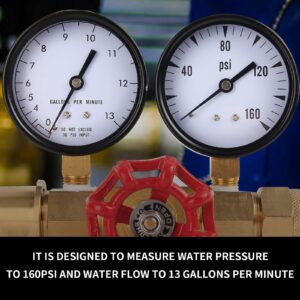 Watflow Water Gauge Pressure, Flow, & PSI Test Gauge,0-160psi,0-13 GPM, 3/4" Female Hose Thread.