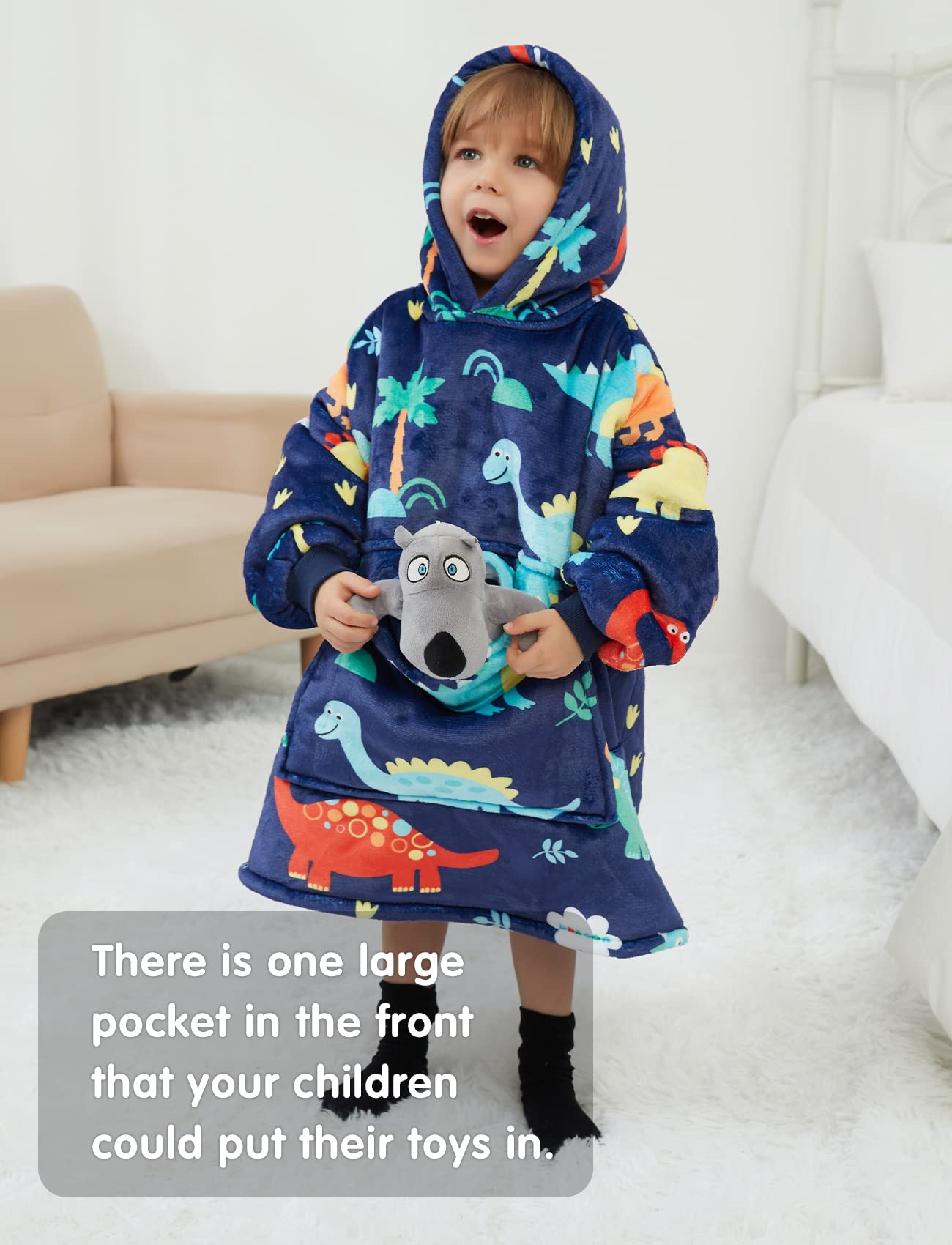 NOUKOW Wearable Blanket Hoodie for Toddlers Oversized Sherpa Blanket Sweatshirt Flannel Sweater Blanket 2-6 Years Old Boy Birthday Gifts Dinosaur