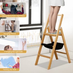 COSTWAY 3 Step Bamboo Ladder, Folding Step Stool with Storage Bag, High Handrail and Wide Pedal, Multi-Use & Space-Saving Lightweight Portable Stepping Stool for Home, Kitchen and Office