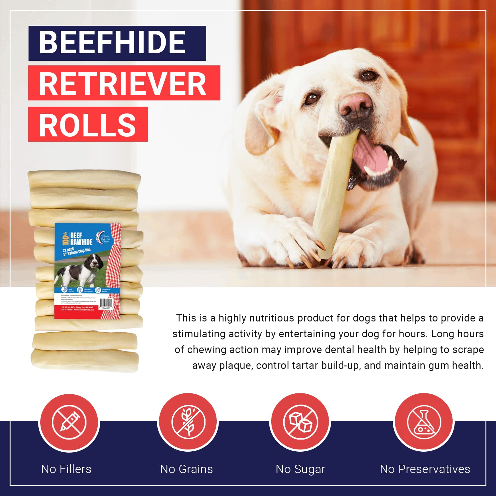 American Made Treat Co - Dog Treats, All Natural Flavor Beef Rawhide Chip Rolls, Puppies to Seniors, Dental Dog Bone Alternative - 5” Rolls -22 Pack