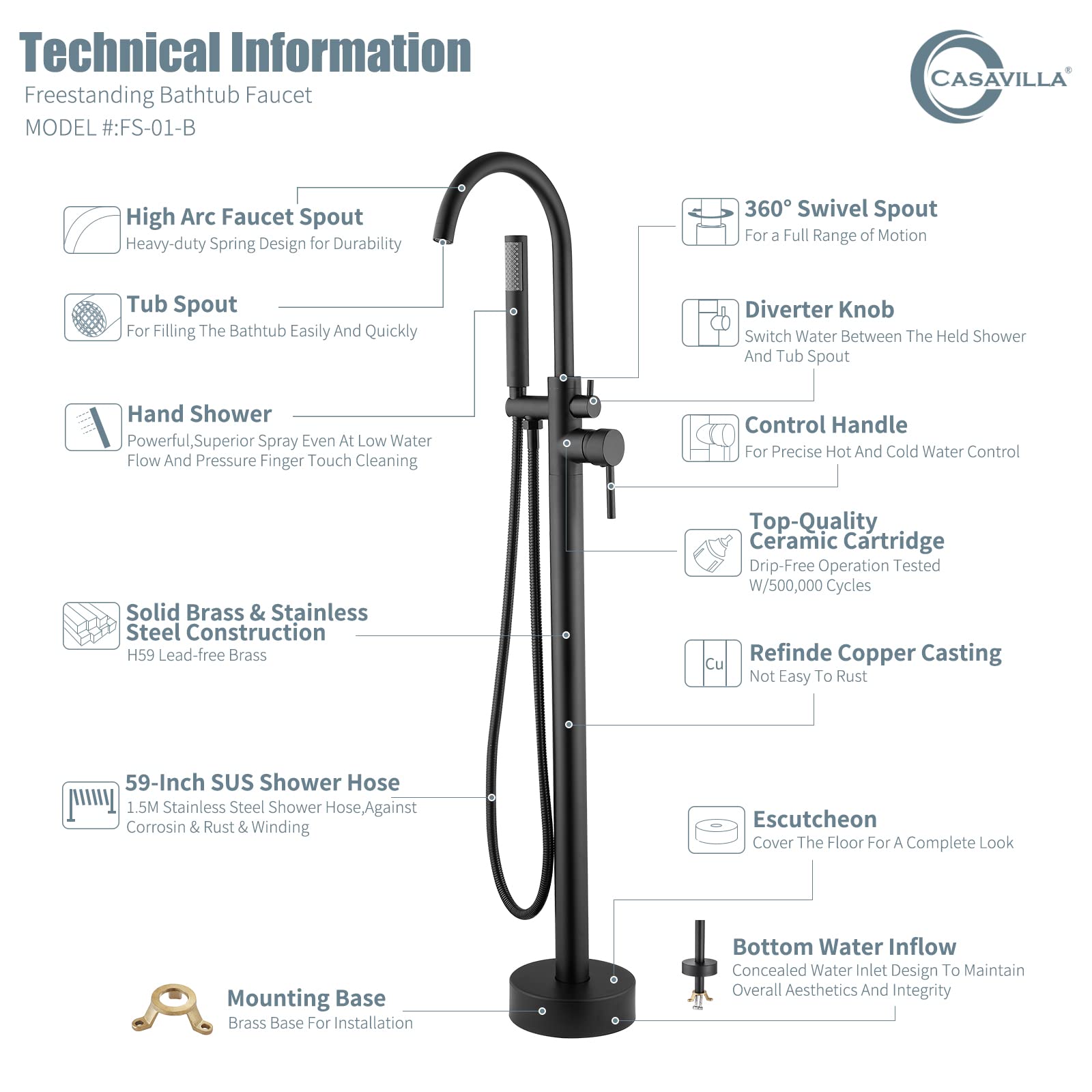 Casavilla Bathtub Faucet, Freestanding Tub Faucet, Tub Shower Faucet Set with 360 Degree Swivel Spout Bathtub Filler and Handheld Shower, Farmhouse Outdoor Shower System Kit, Brushed Nickel