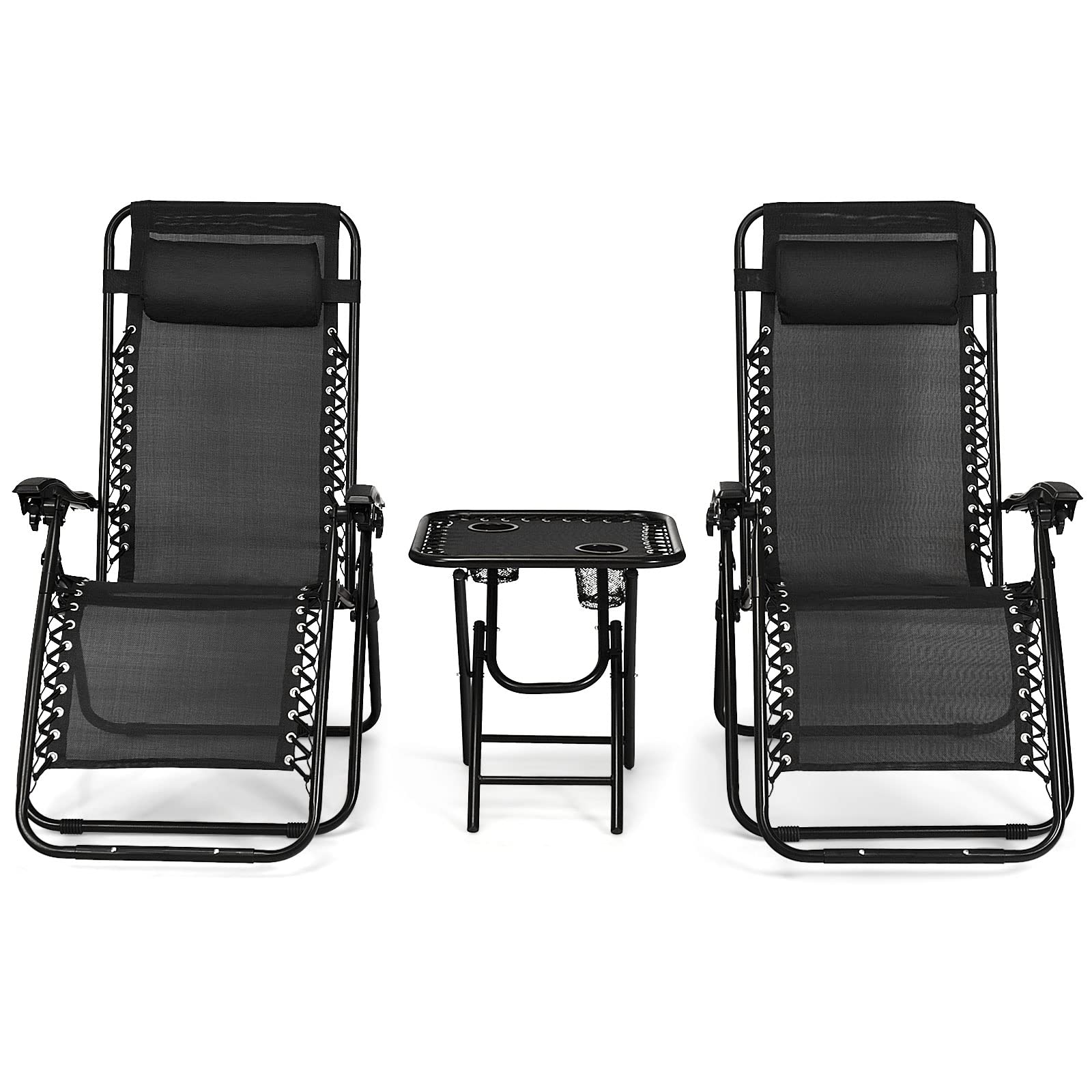 Tangkula 3 Pieces Outdoor Zero Gravity Chair Set, Folding Reclining Lounge Chair with Adjustable Backrest, Head Pillow, Matching Table with Cup Holder, Camping Recliner for Poolside, Yard (Black)