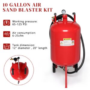 AutoForever 10 Gallon Sandblaster Air Sand Blaster Kit 65-125 PSI High Pressure Abrasive Blasting Tank w/6" Wheels Red