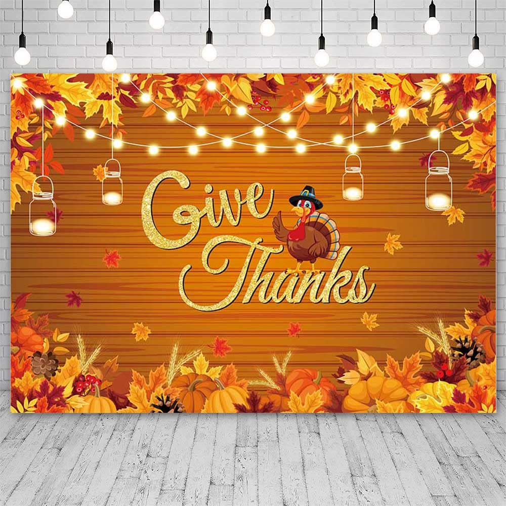 AIBIIN 7x5ft Autumn Thanksgiving Festival Backdrop Fall Wooden Maple Leaves Pumpkin Photography Background Harvest Give Thanks Banner Thanksgiving Day Party Decorations Props