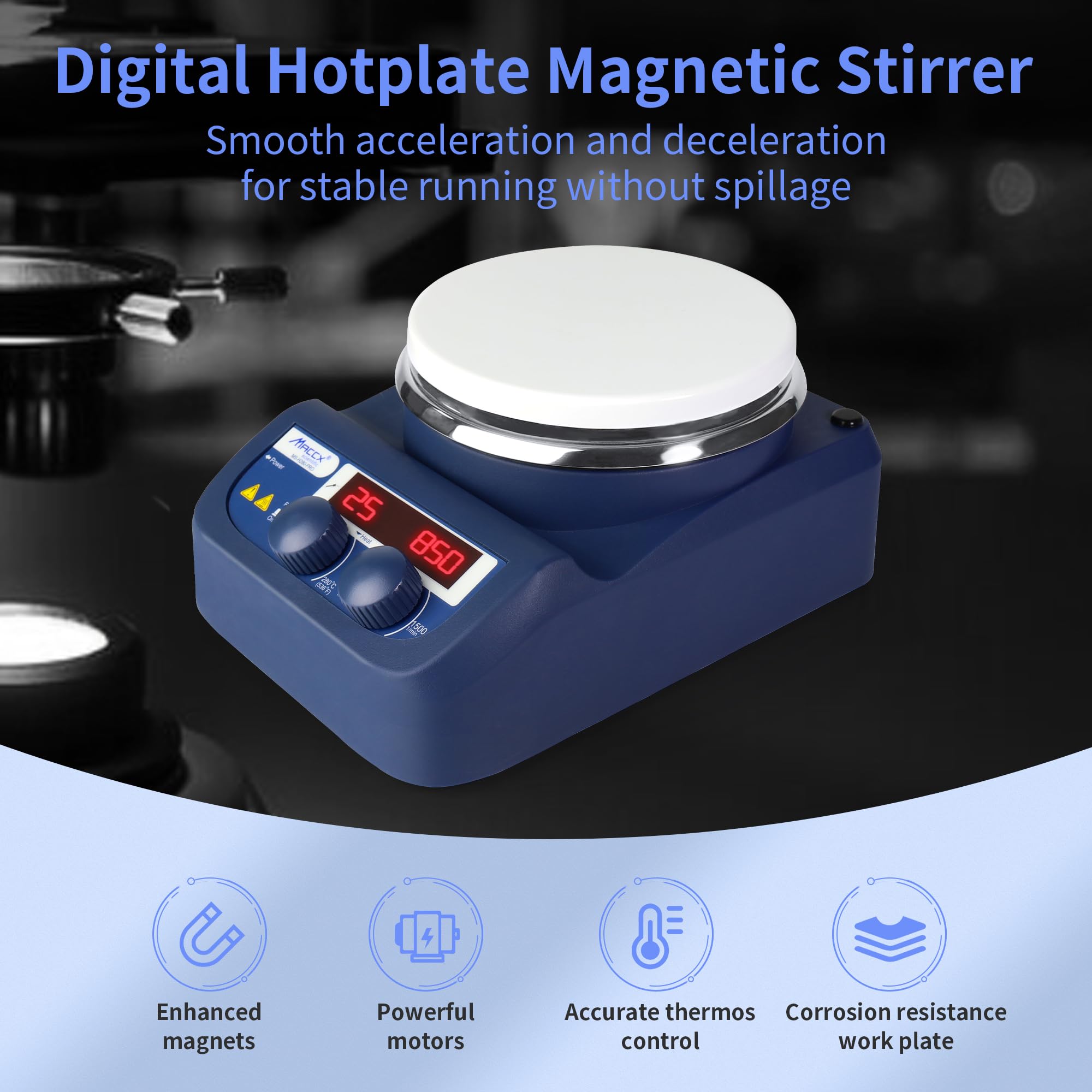 Maccx Magnetic Stirrer Hot Plate with Support Stand, 5.3 inch Digital Hotplate, Max 536℉/280℃, LED Panel, Temperature Control & Speed Adjust, 1500 RPM Lab Stirrers Hotplate, HMS280-001