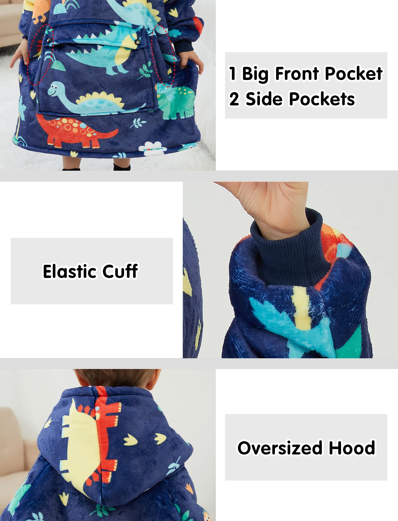 NOUKOW Wearable Blanket Hoodie for Toddlers Oversized Sherpa Blanket Sweatshirt Flannel Sweater Blanket 2-6 Years Old Boy Birthday Gifts Dinosaur