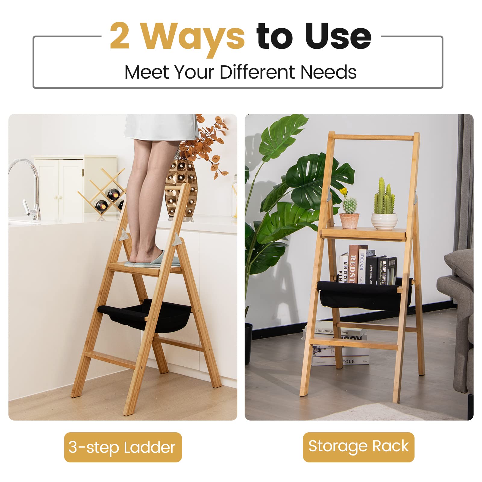 COSTWAY 3 Step Bamboo Ladder, Folding Step Stool with Storage Bag, High Handrail and Wide Pedal, Multi-Use & Space-Saving Lightweight Portable Stepping Stool for Home, Kitchen and Office