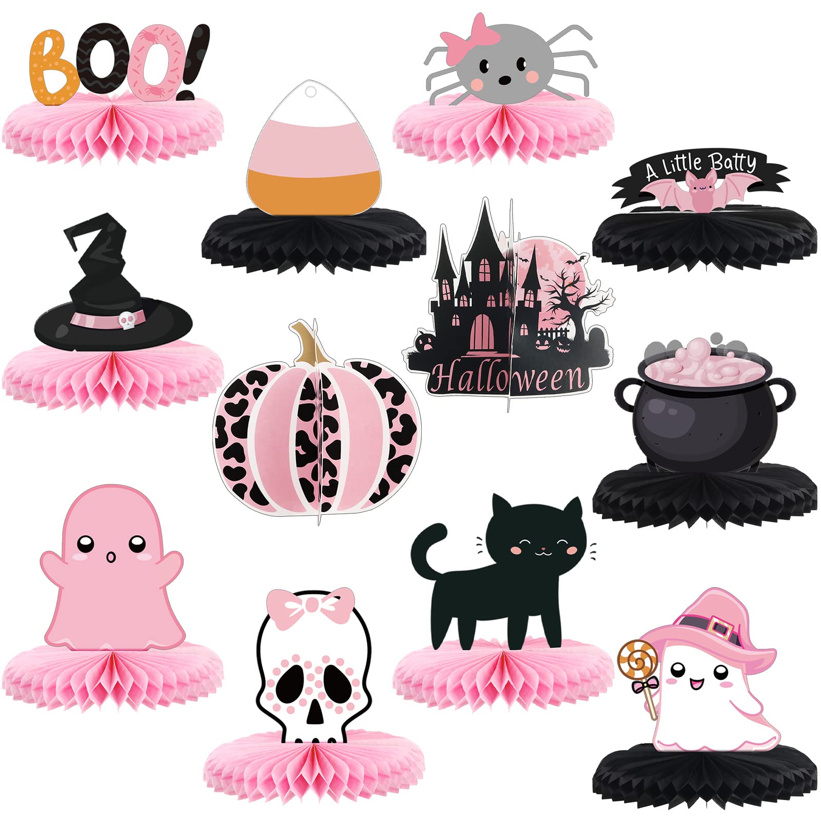 Eersida 12 Pcs Pink Halloween Table Honeycomb Centerpieces Halloween Baby Shower Decorations Pumpkin Bat Spider Halloween Birthday Table Toppers for Halloween Baby Shower Party Table Decorations