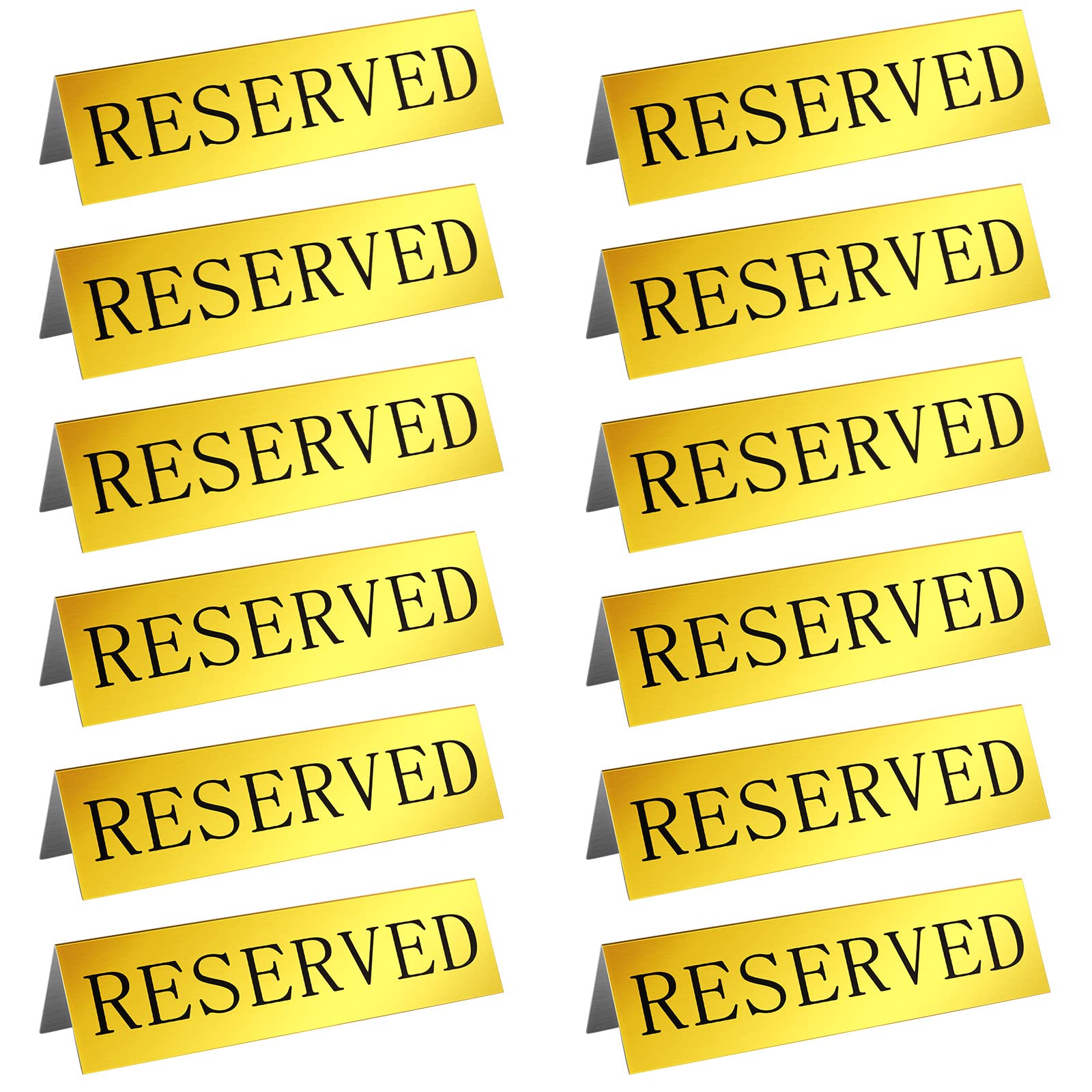 12 Pieces Table Top Reserved Sign Metal Reserved Table Signs Reserved Seating Signs Double Sided Table Tent Sign for Wedding Restaurant Family Ceremony Events, 5.91 x 3.15 Inches (Golden)