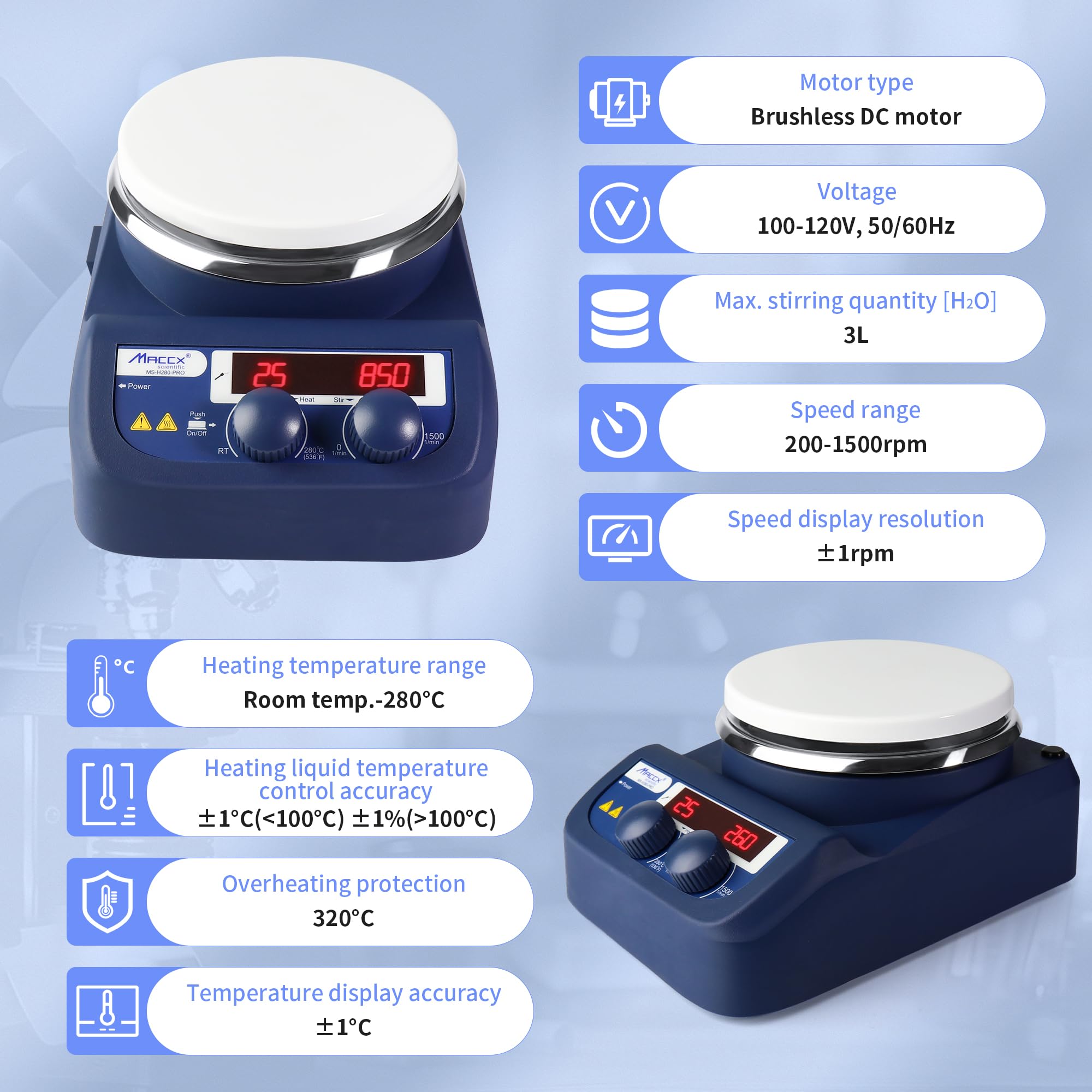 Maccx Magnetic Stirrer Hot Plate with Support Stand, 5.3 inch Digital Hotplate, Max 536℉/280℃, LED Panel, Temperature Control & Speed Adjust, 1500 RPM Lab Stirrers Hotplate, HMS280-001