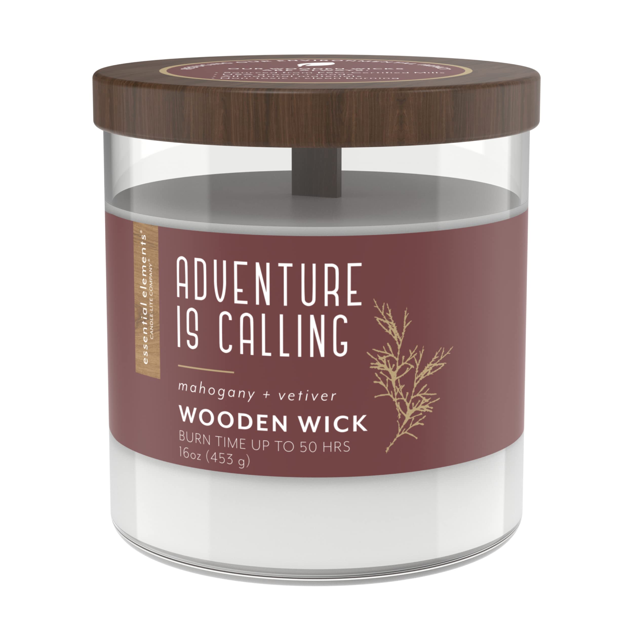 Essential Elements by Candle-lite Wood Wick Scented Candle, Adventure is Calling, One 16 oz. Single-Wick Aromatherapy Candle with 50 Hours of Burn Time, White