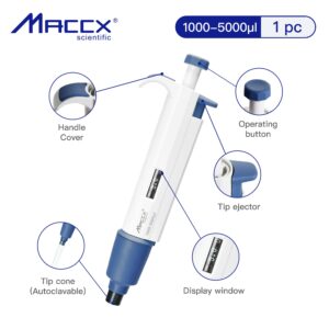 Maccx 1000-5000μl MicroPipette, Single-Channel Pipettor, High Accurate Calibrated Pipettes，Adjustable Volume,TMP5K-001