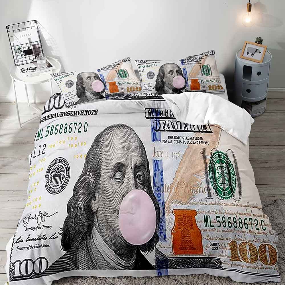 VIVIHOME 3PCS Luxury Funny Money Duvet Cover Full, Cute Benjamin Franklin Wink Pink Bubble Gum One Hundred Dollar Bill Cash 100 Dollar Bill Comforter Bedspread Quilt Cover, Gag Gifts, 2 Pillow Shams