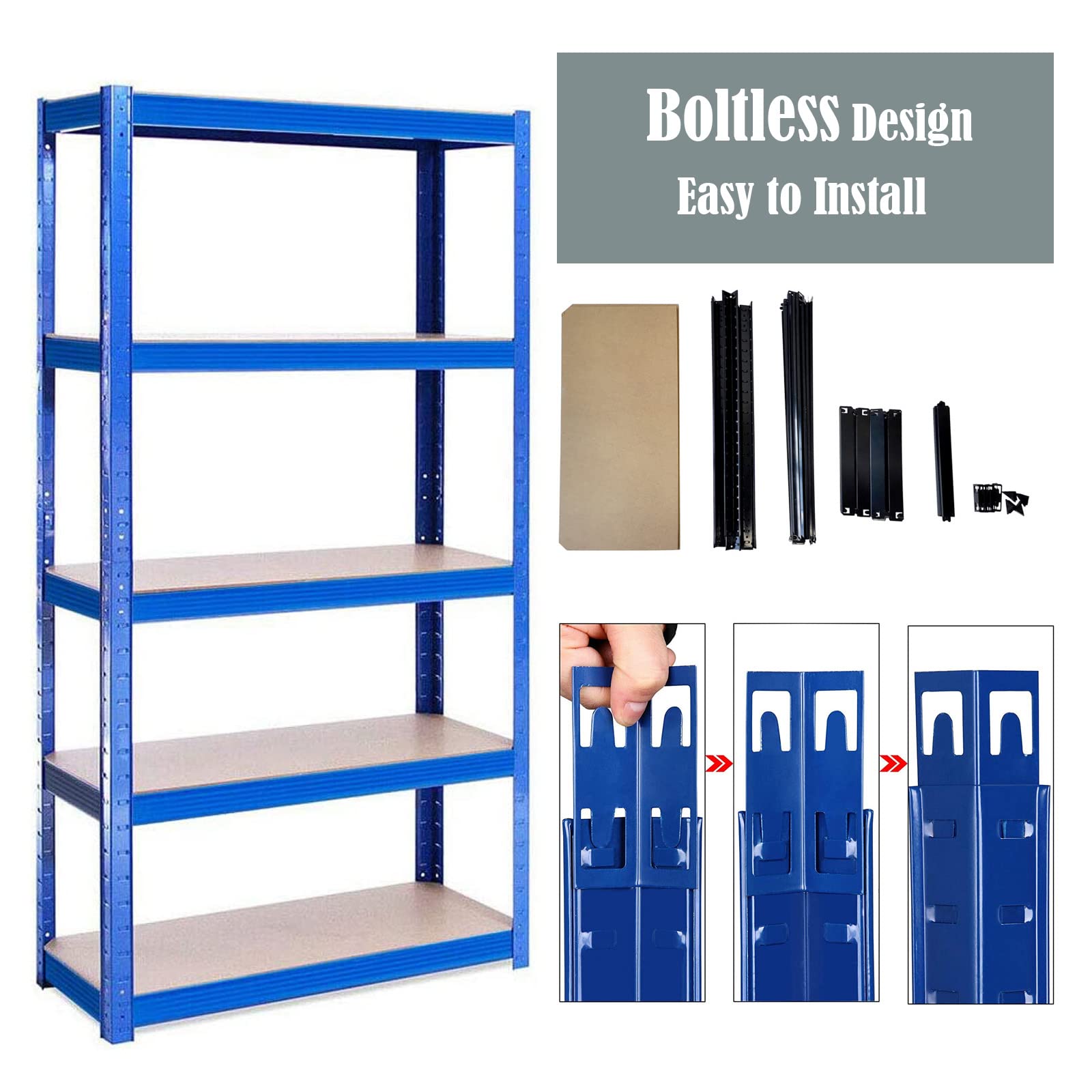 Bowoshen Storage Shelves 5-Tier 59in Height Garage Shelving Unit Rack Metal Shelf Heavy Duty 386lb Load per Tier, Adjustable Utility Shelves for Garage, Warehouse, Living Room, Office (59" Blue)