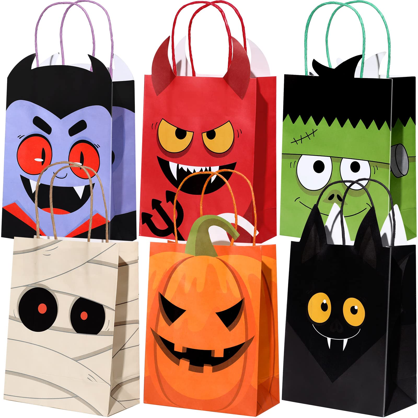 24 Pack Halloween Treat Bags Halloween Paper Gift Bags Trick or Treat Candy Goodie Bags with Handles Mummy Black Bat Frankenstein Vampires Evil Pumpkin Treat Bags for Halloween Party Favors Supplies