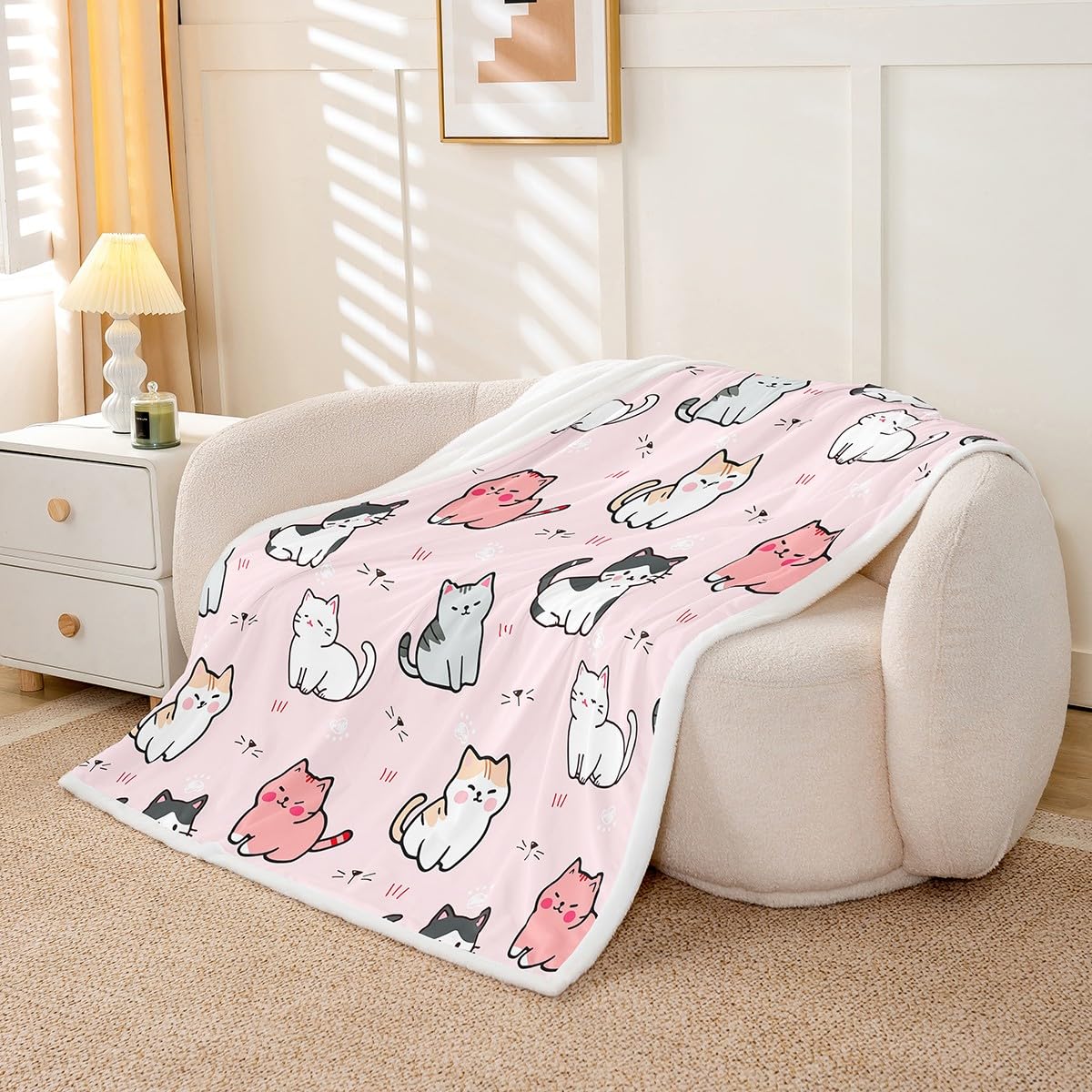 Erosebridal Cartoon Cat Sherpa Blanket,Cute Kitten Print Blanket for Kids Boys Girls Toddler Cat Lover,Cat Paw Print Throw Blanket for Bed Sofa Couch,Kawaii Pet Theme Plush Blanket Pink Baby 30"x40"