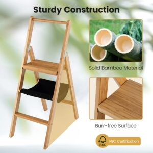 COSTWAY 3 Step Bamboo Ladder, Folding Step Stool with Storage Bag, High Handrail and Wide Pedal, Multi-Use & Space-Saving Lightweight Portable Stepping Stool for Home, Kitchen and Office